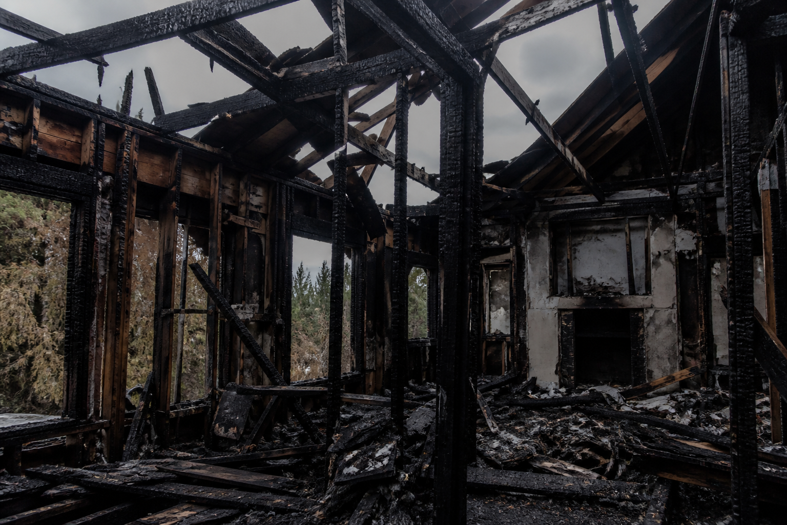Fire aftermath structure showing charred framing and an open roof