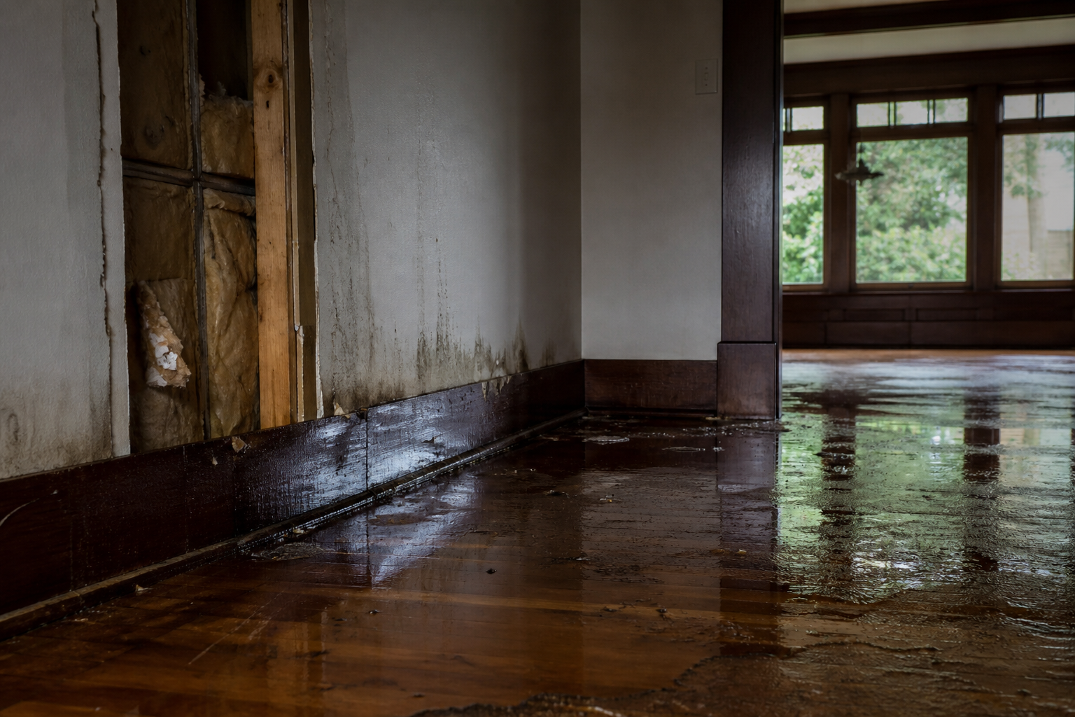 Water loss interior with standing water on hardwood flooring and an opened wall cavity